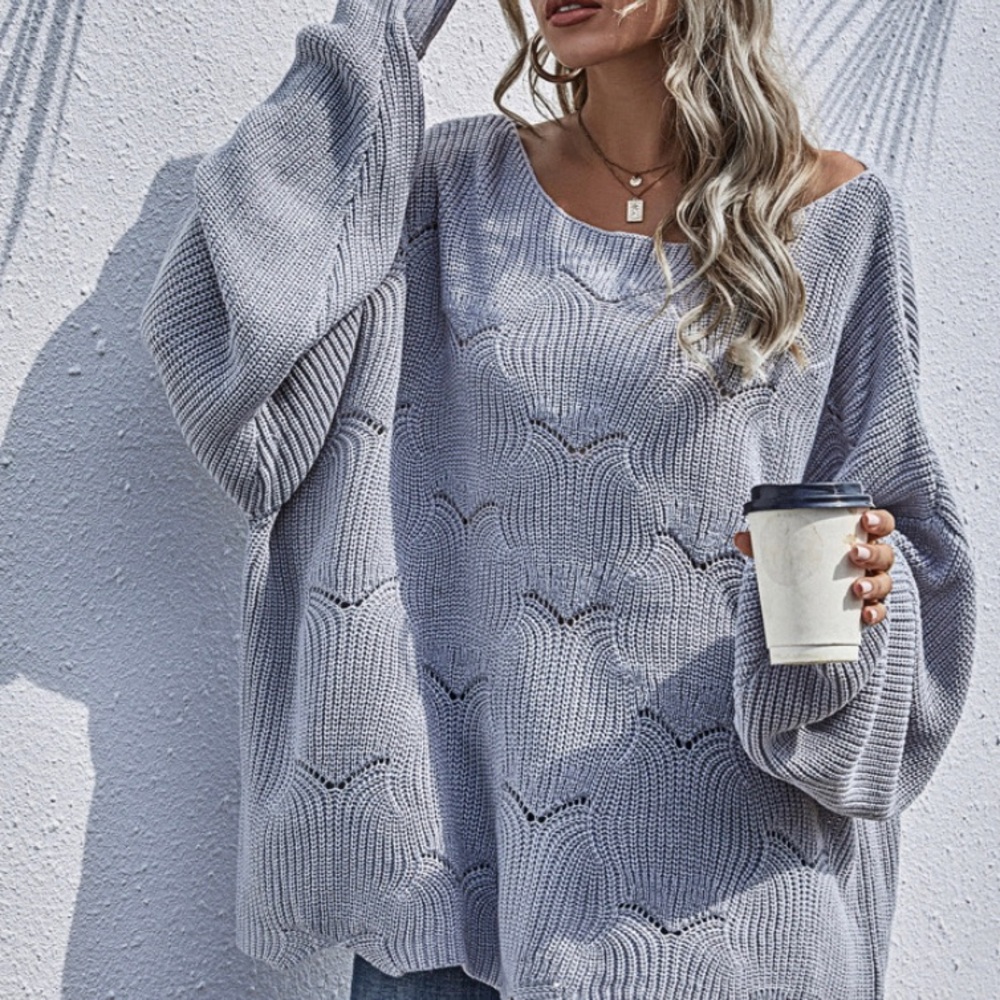 New Grey Scalloped Oversized Cozy Boho Sweater Top - Picture 3 of 7